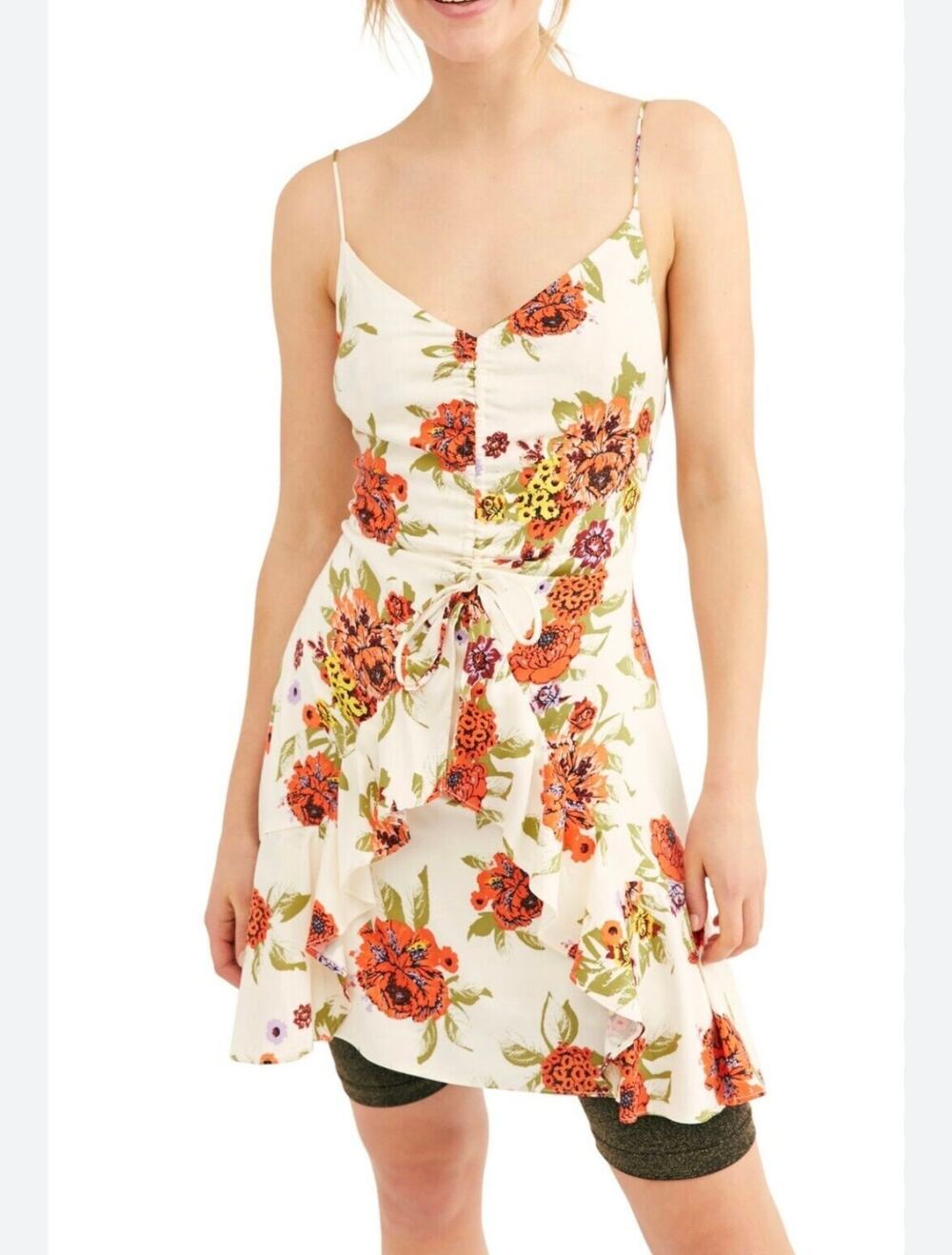 FREE PEOPLE Happy Heart Ruched Mini Dress White Summer Sz S